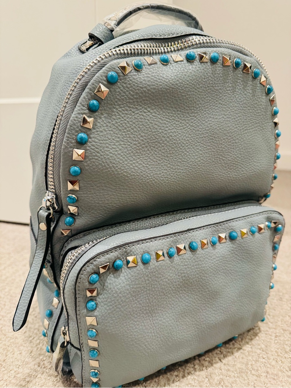 Urban Expressions Light Blue Mini Backpack with Turquoise Studs